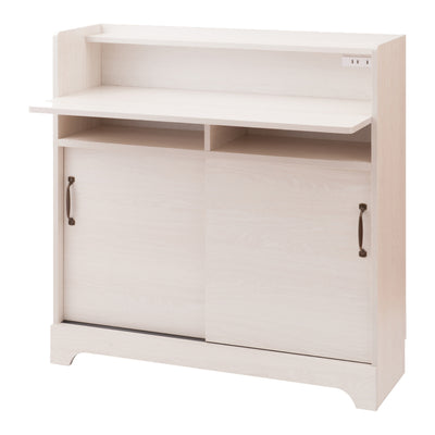 カウンター下収納 デスクキャビネット 幅90cm 2口コンセント フック付 ホワイト木目