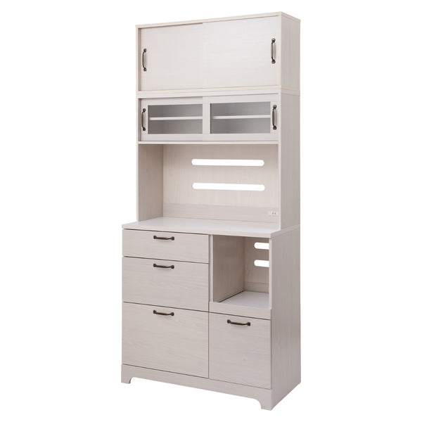 ハイタイプキッチンボード幅90cm2口コンセント×2ヶホワイト木目