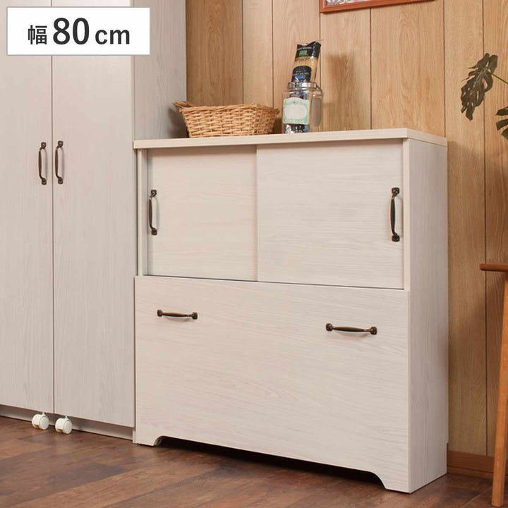 カウンター下収納幅80cm2分別ゴミ箱付隠す収納ホワイト木目