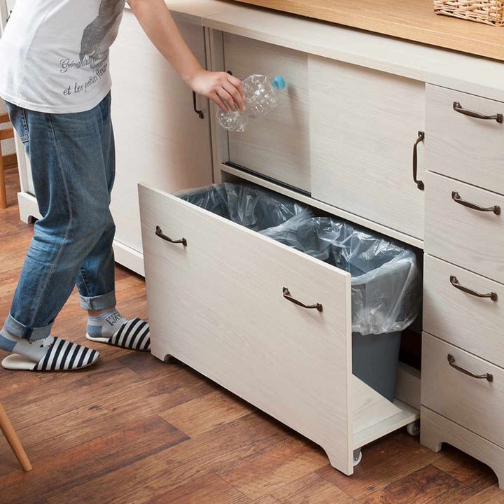 カウンター下収納幅80cm2分別ゴミ箱付隠す収納ホワイト木目