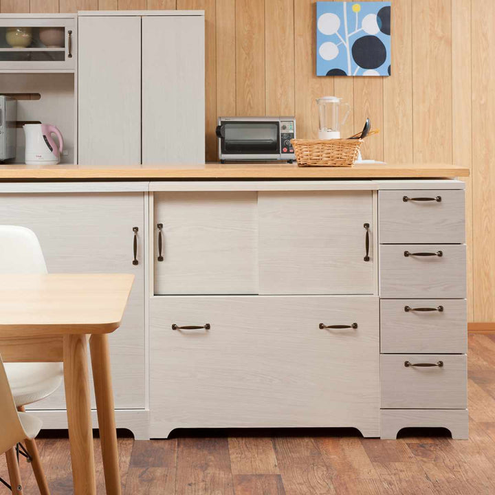 カウンター下収納幅80cm2分別ゴミ箱付隠す収納ホワイト木目