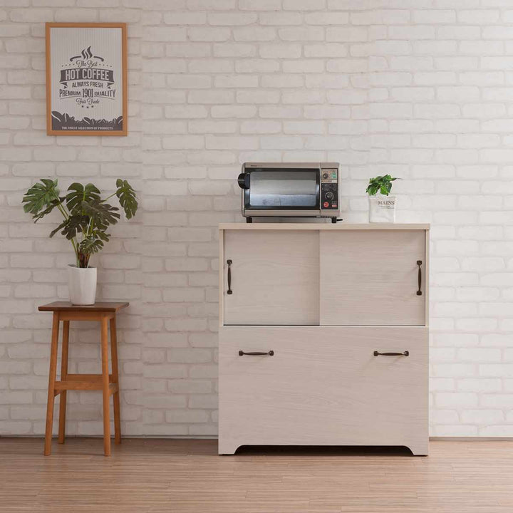 カウンター下収納幅80cm2分別ゴミ箱付隠す収納ホワイト木目