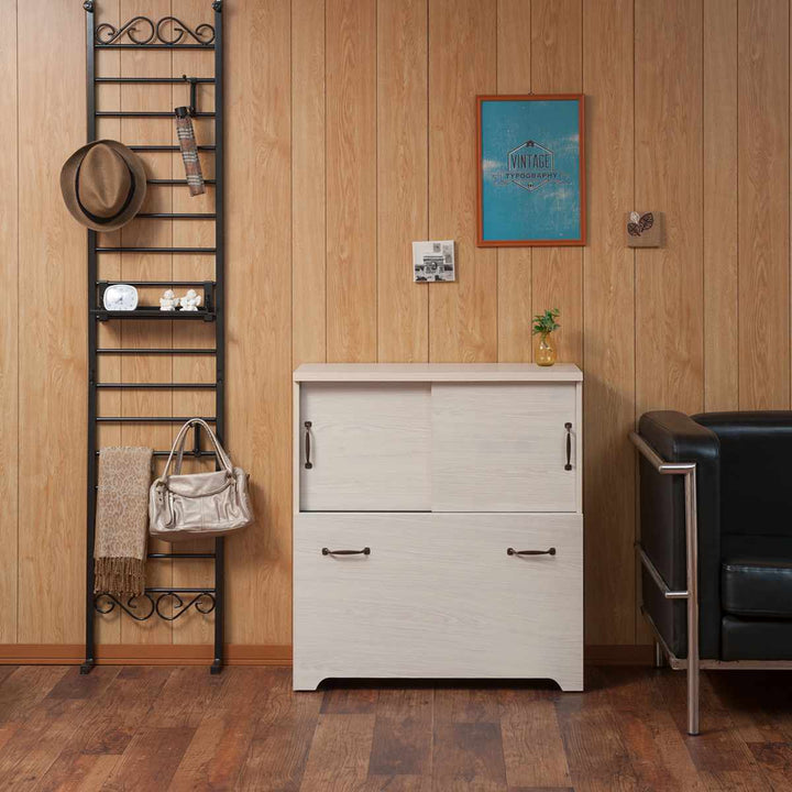 カウンター下収納幅80cm2分別ゴミ箱付隠す収納ホワイト木目