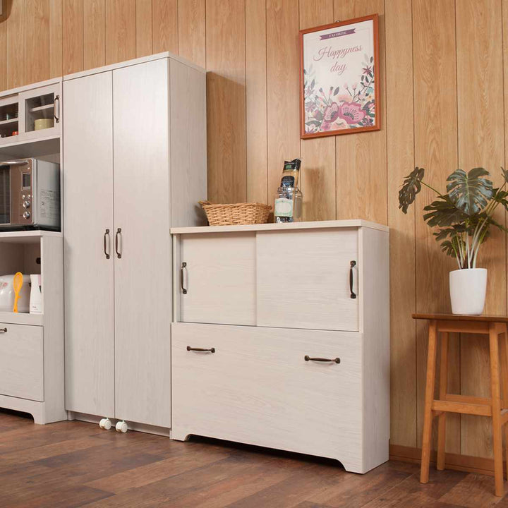 カウンター下収納幅80cm2分別ゴミ箱付隠す収納ホワイト木目