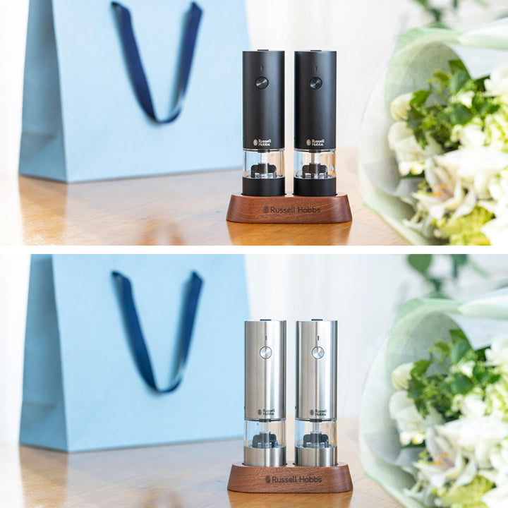 RussellHobbs充電式電動ミル2本セットソルト＆ペッパーミニ木台付きスパイスミル