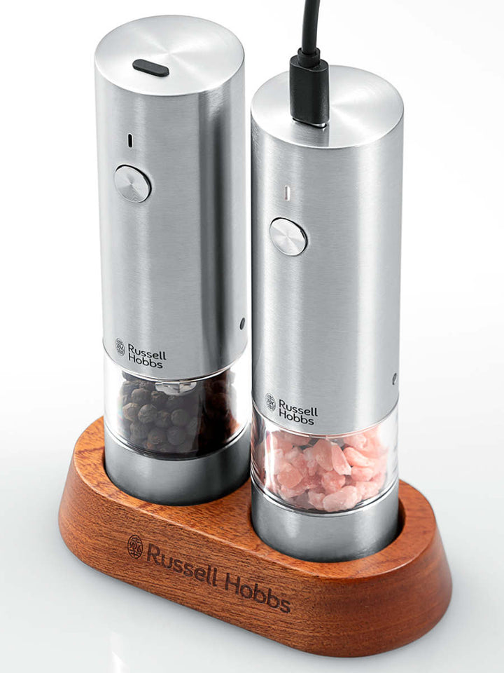 RussellHobbs充電式電動ミル2本セットソルト＆ペッパーミニ木台付きスパイスミル