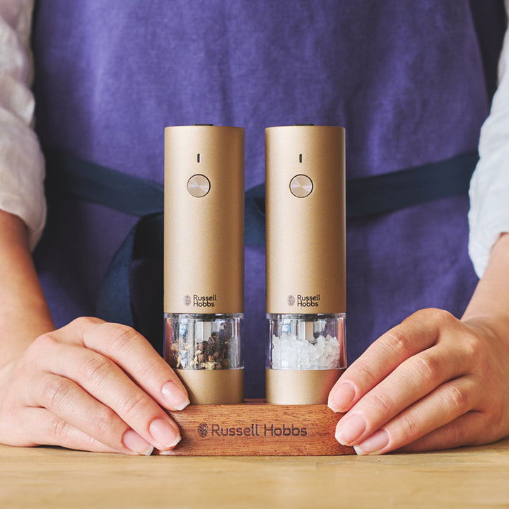 RussellHobbs充電式電動ミル2本セットソルト＆ペッパーミニ木台付きスパイスミル