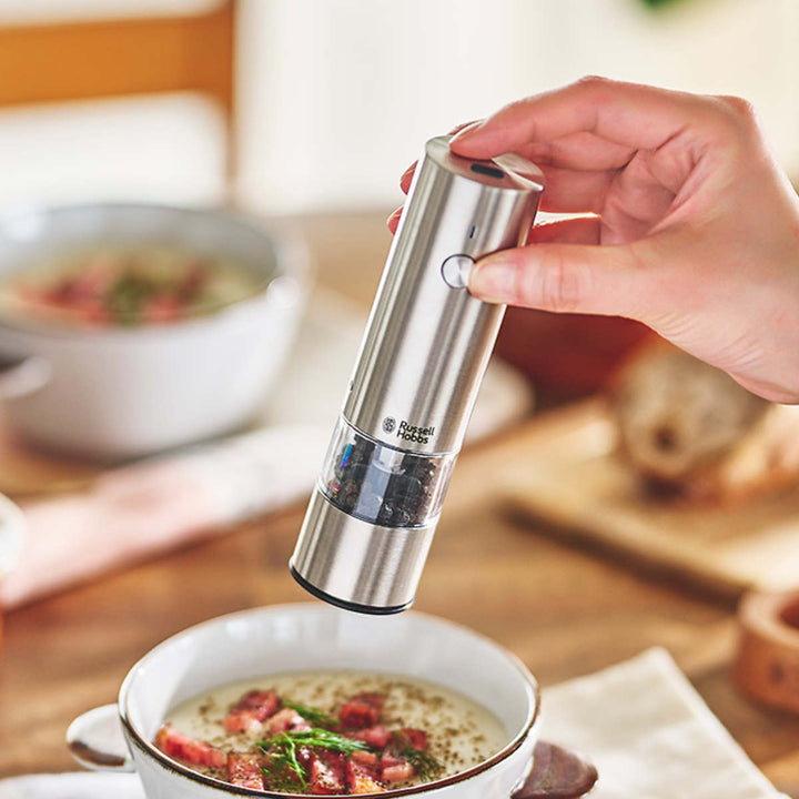 RussellHobbs充電式電動ミル2本セットソルト＆ペッパーミニ木台付きスパイスミル