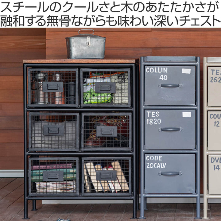 スチールメッシュチェスト幅111cm引出し4杯木天板完成品