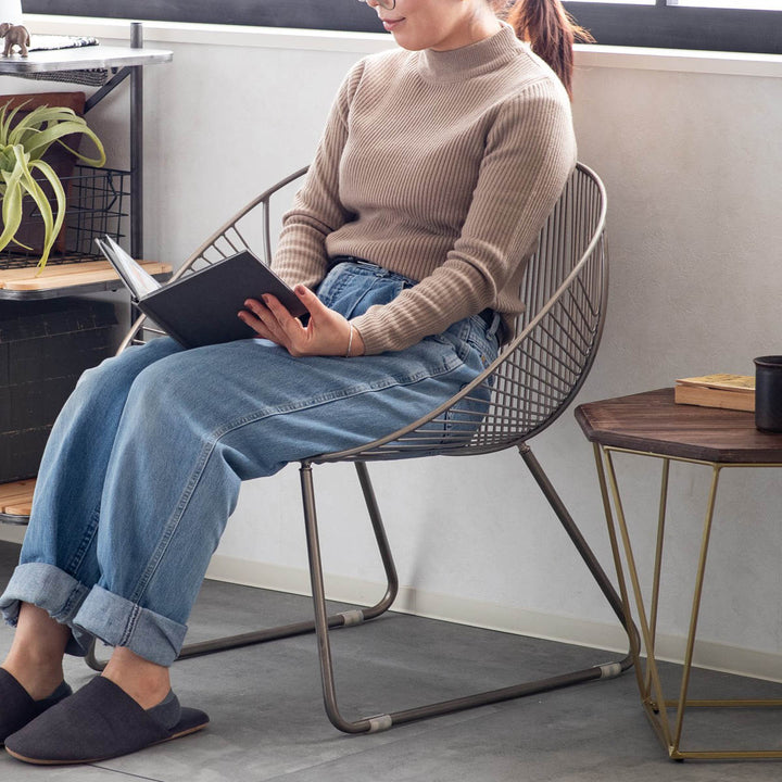 ラウンジチェア座面高36cmワイヤーワイドチェアアンティーク調ミーチェ