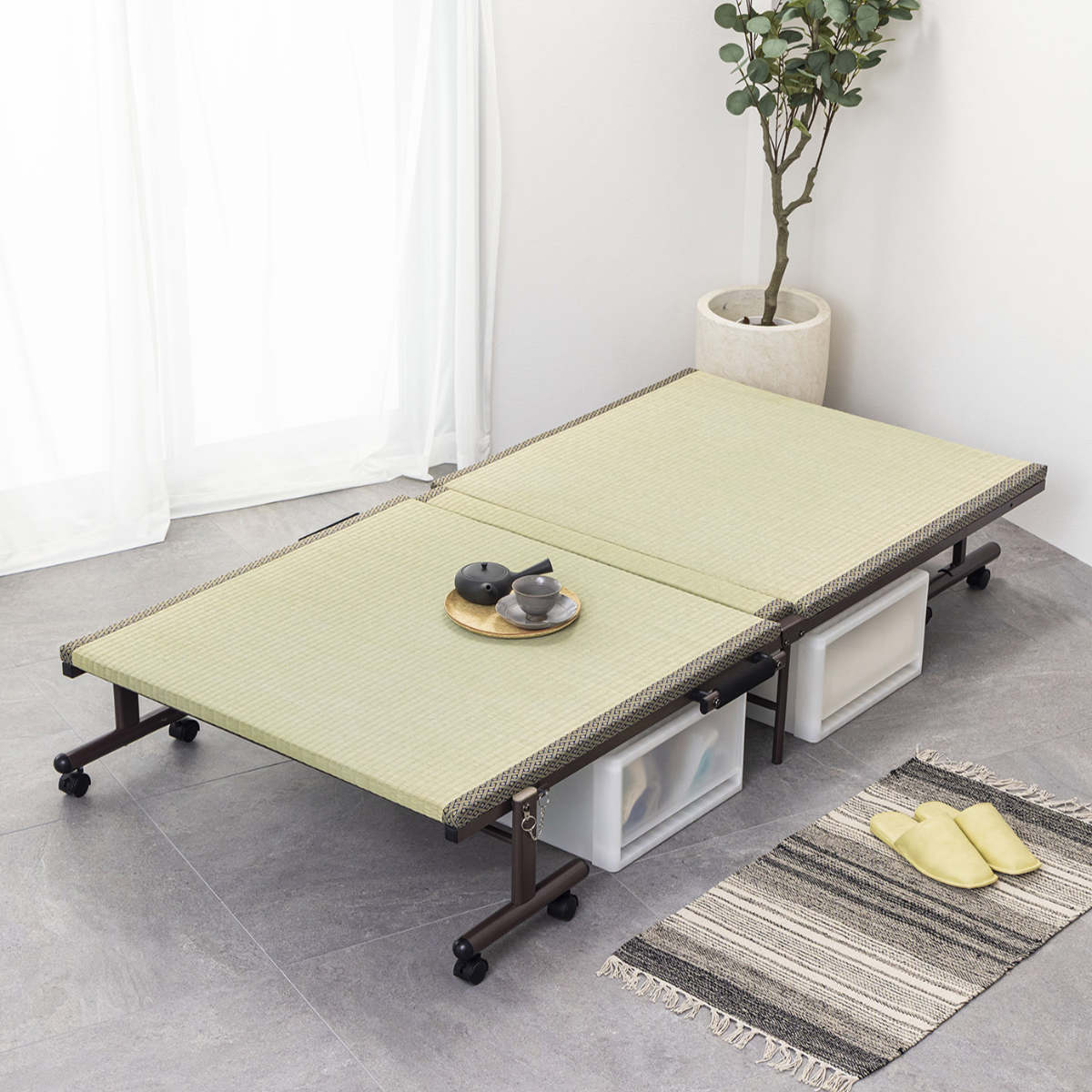 キャスター付き折りたたみベッド シングルサイズ 畳表 折りたたみベッド 畳ベッド シングル キャスター 収納 – ハウジー