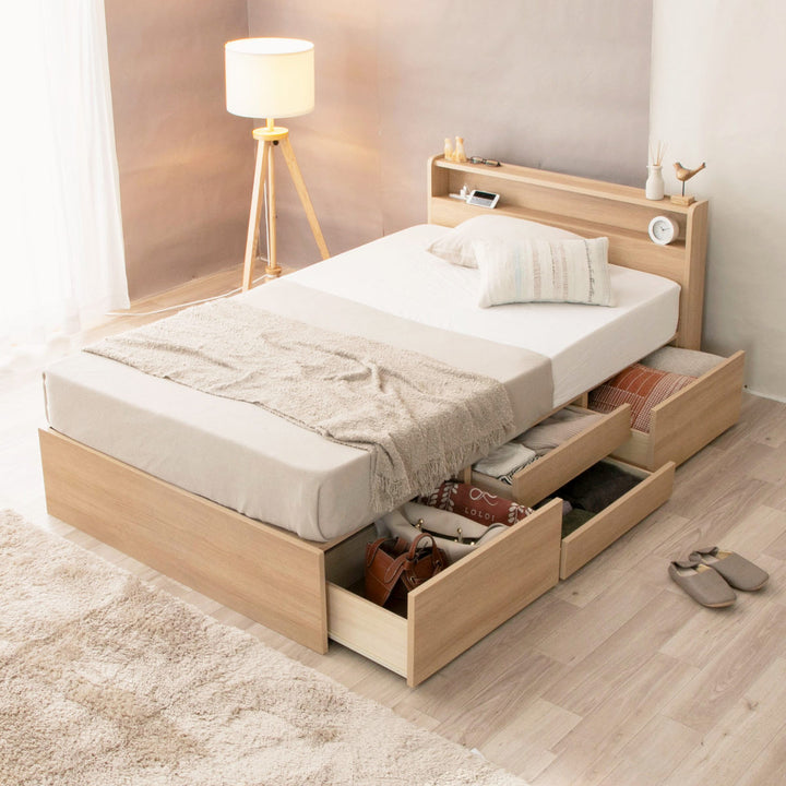 収納付きベッドシングル引出し4杯2口コンセント日本製Apel