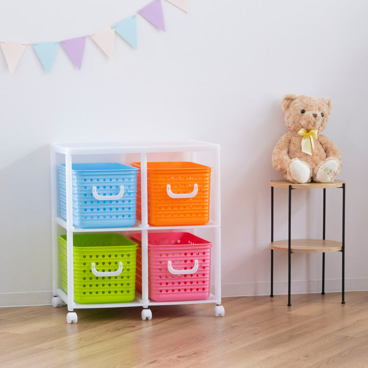 おもちゃ箱幅66cmスリムバスケットラック2段キャスター付きバスケット4個付き
