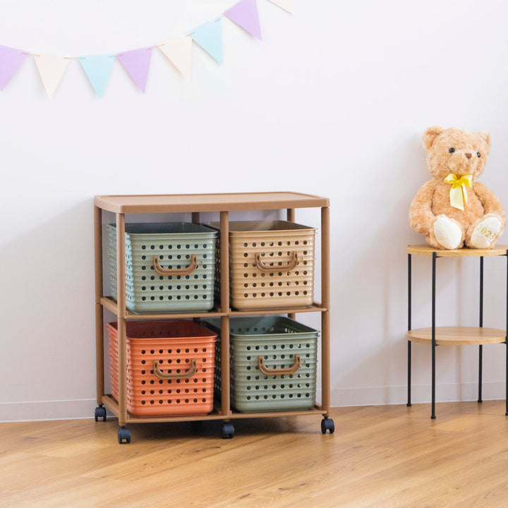 おもちゃ箱幅66cmスリムバスケットラック2段キャスター付きバスケット4個付き