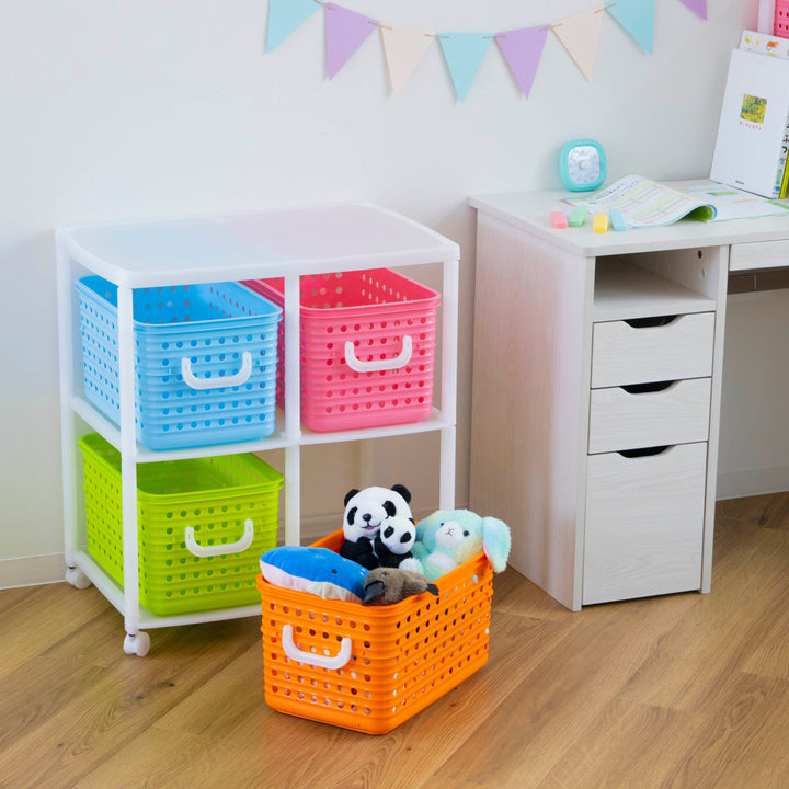 おもちゃ箱幅66cmスリムバスケットラック2段キャスター付きバスケット4個付き