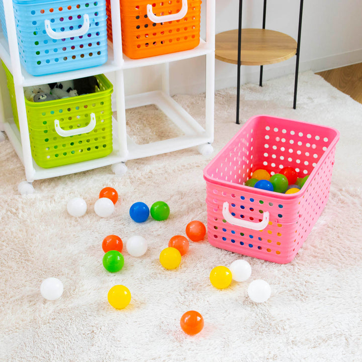 おもちゃ箱幅66cmスリムバスケットラック2段キャスター付きバスケット4個付き