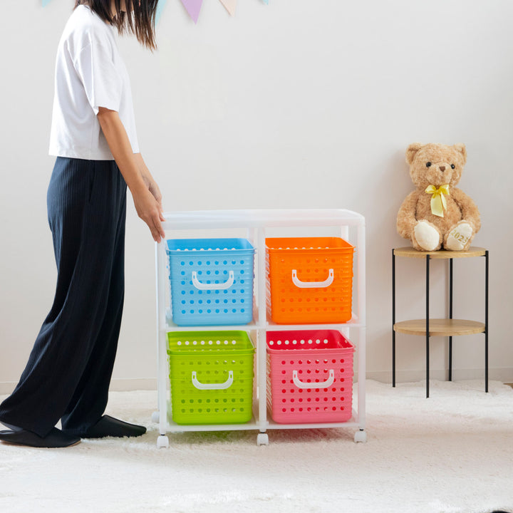 おもちゃ箱幅66cmスリムバスケットラック2段キャスター付きバスケット4個付き