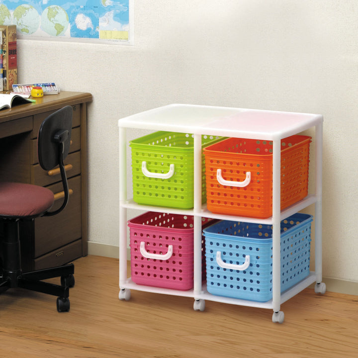 おもちゃ箱幅66cmスリムバスケットラック2段キャスター付きバスケット4個付き