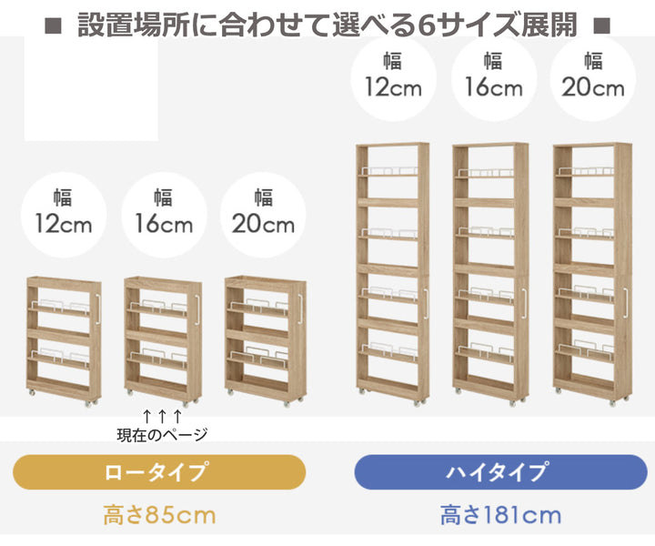 隙間収納ワゴン幅16cmロータイプキャスター付