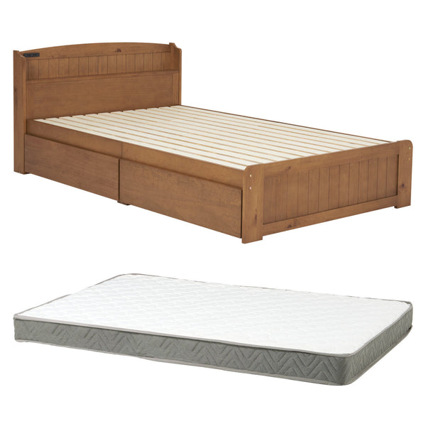 ベッドセミダブル引出し2杯ボンネルマットレス付すのこ宮棚2口コンセント付天然木