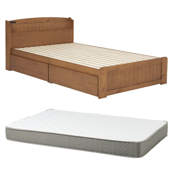 ベッドセミダブル引出し2杯ポケットマットレス付すのこ宮棚2口コンセント付天然木