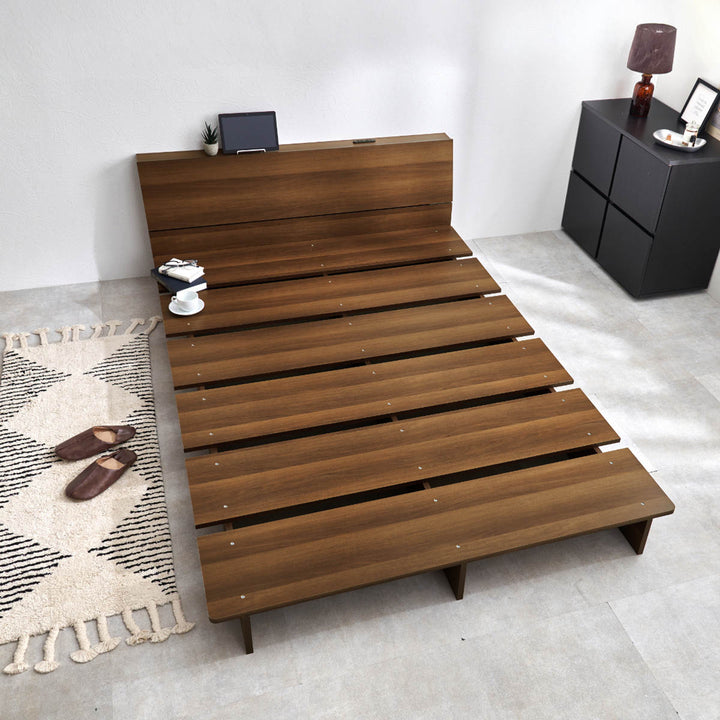 ローベッドセミダブル幅140cmステージベッド背もたれ2口コンセント付余白デザイン