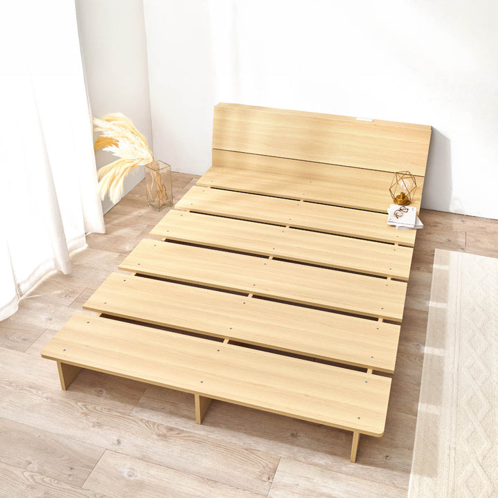 ローベッドセミダブル幅140cmステージベッド背もたれ2口コンセント付余白デザイン