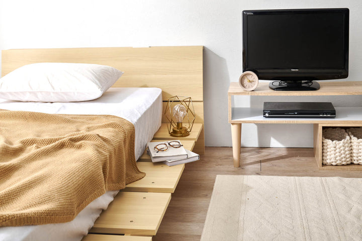 ローベッドセミダブル幅140cmステージベッド背もたれ2口コンセント付余白デザイン