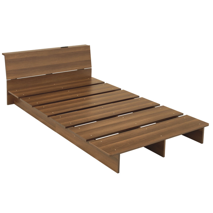 ローベッドセミダブル幅140cmステージベッド背もたれ2口コンセント付余白デザイン