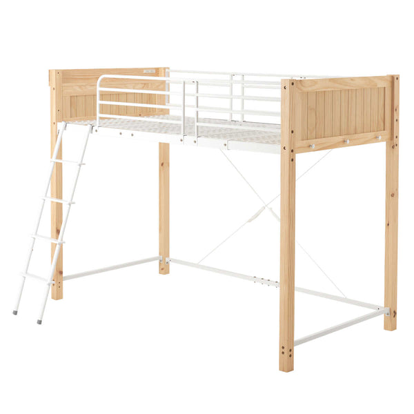 ロフトベッド天然木×スチールハイタイプシングル宮棚2口コンセント付