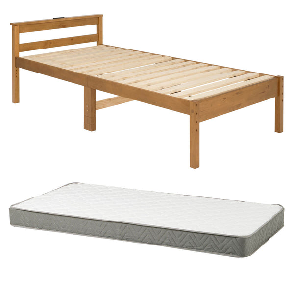 すのこベッドシングルボンネルマットレス付宮棚2口コンセント付床下収納天然木