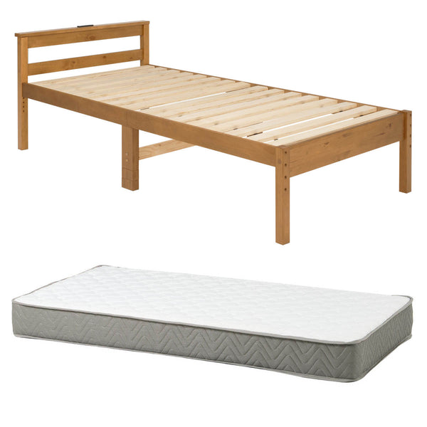 すのこベッドシングルポケットマットレス付宮棚2口コンセント付床下収納天然木