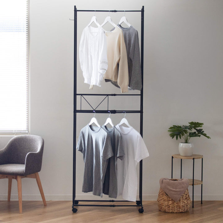 ハンガーラック2段ワイド伸縮タイプキャスター付き