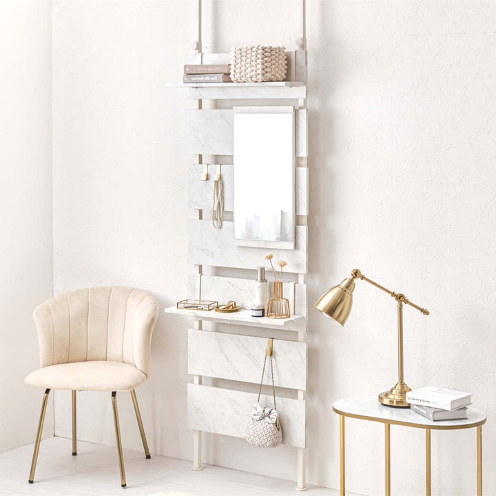 突っ張りウォールラック幅60cmミラー付き棚板2枚フック3個