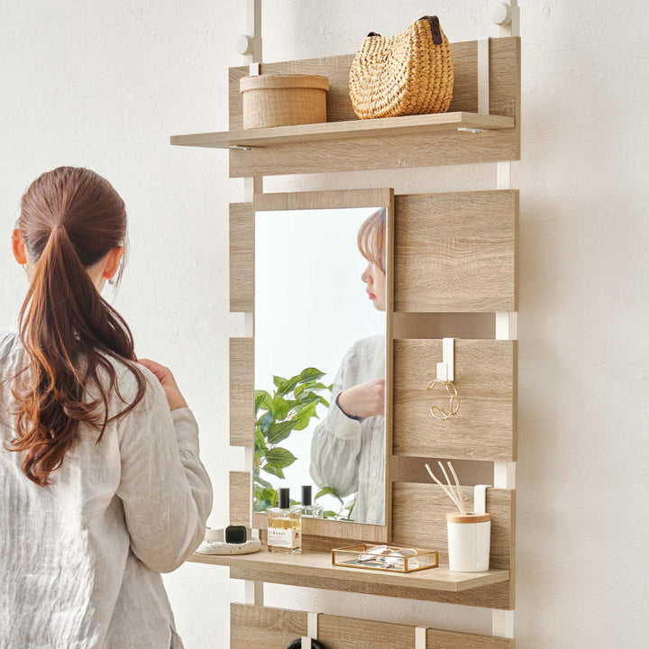 突っ張りウォールラック幅80cmミラー付き棚板2枚フック3個