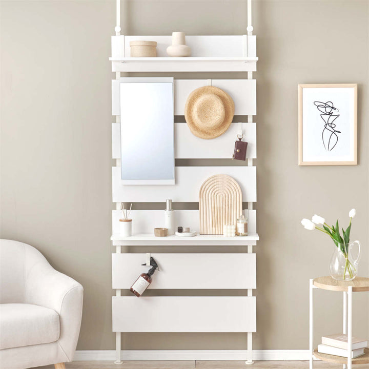 突っ張りウォールラック幅80cmミラー付き棚板2枚フック3個