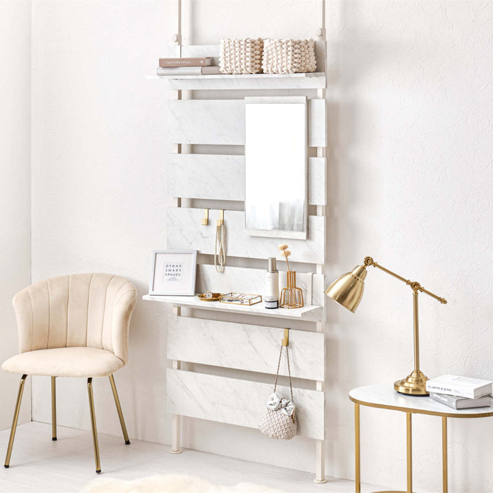 突っ張りウォールラック幅80cmミラー付き棚板2枚フック3個