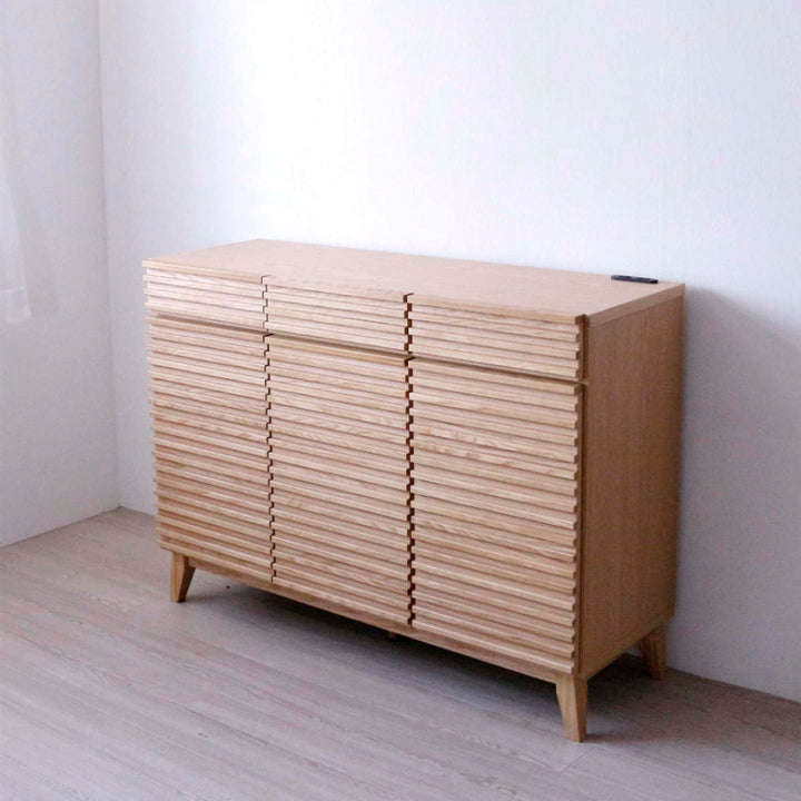 キッチンカウンター幅120cm2口コンセント付ルーバーデザイン天然木完成品