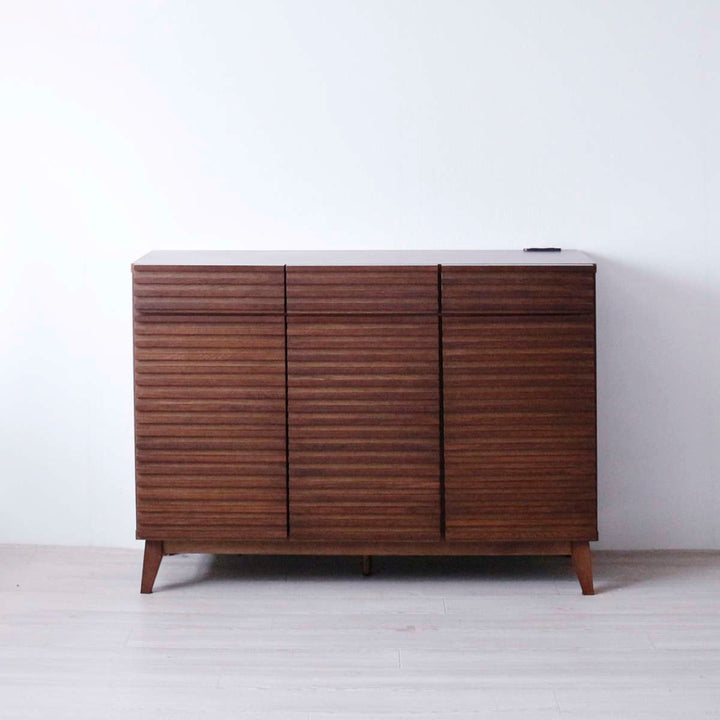 キッチンカウンター幅120cm2口コンセント付ルーバーデザイン天然木完成品