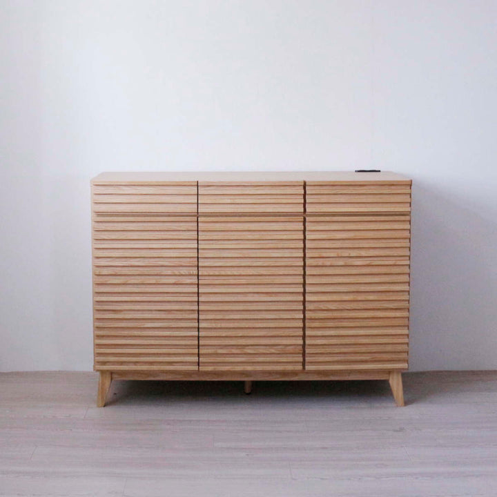 キッチンカウンター幅120cm2口コンセント付ルーバーデザイン天然木完成品