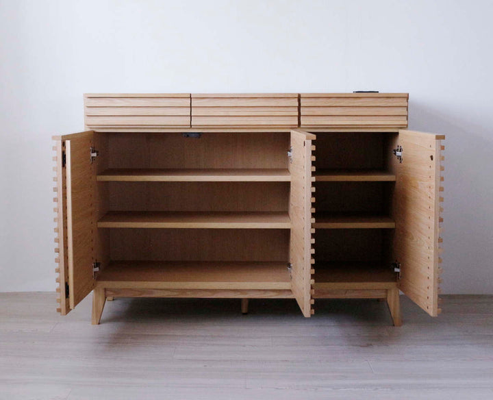 キッチンカウンター幅120cm2口コンセント付ルーバーデザイン天然木完成品