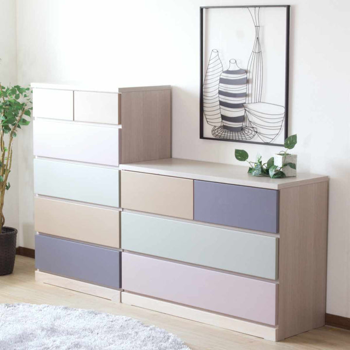 チェスト幅75cm5段6杯パステルカラー天然木完成品