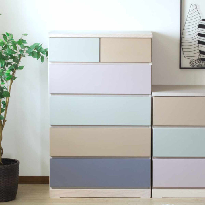 チェスト幅75cm5段6杯パステルカラー天然木完成品