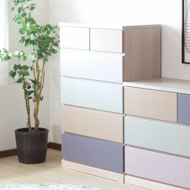 チェスト幅75cm5段6杯パステルカラー天然木完成品