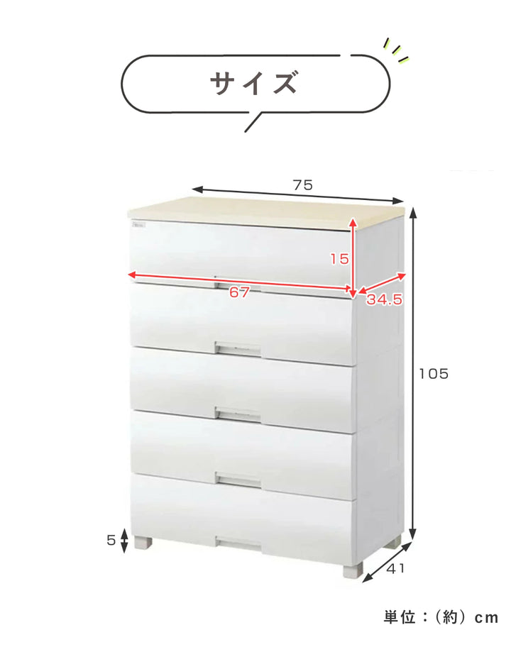 チェストフィッツプラス5段幅75×奥行41×高さ105cmF7505メープル