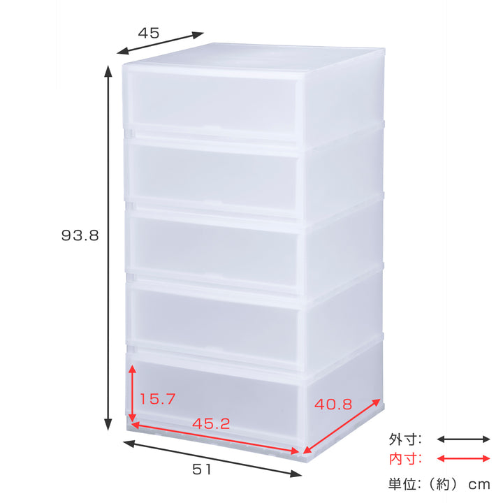 収納ケースプラスト半透明タイプ5段幅51×高さ93.8cmFR5105