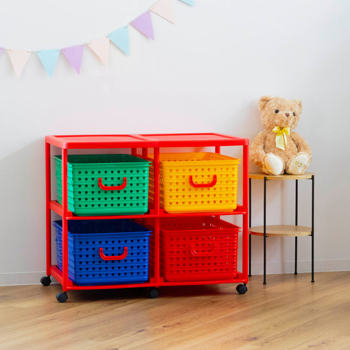 おもちゃ箱幅87cmバスケットラック2段キャスター付きバスケット4個付き