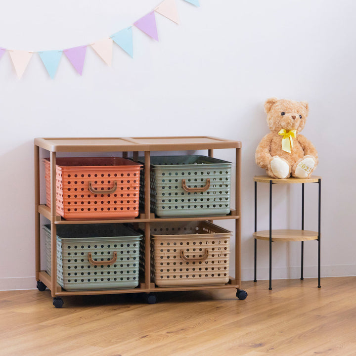 おもちゃ箱幅87cmバスケットラック2段キャスター付きバスケット4個付き