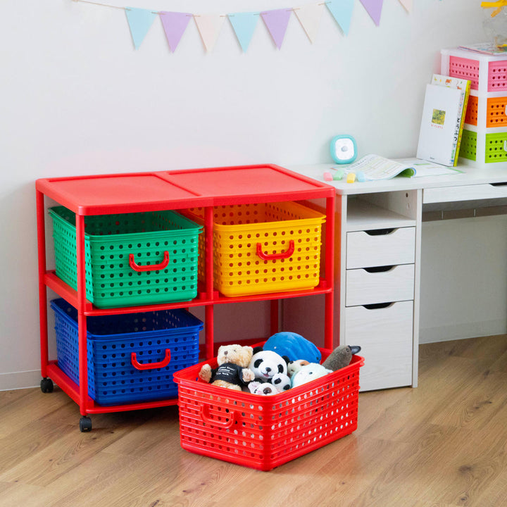 おもちゃ箱幅87cmバスケットラック2段キャスター付きバスケット4個付き