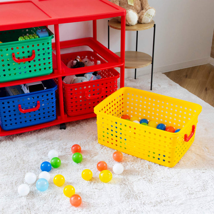 おもちゃ箱幅87cmバスケットラック2段キャスター付きバスケット4個付き